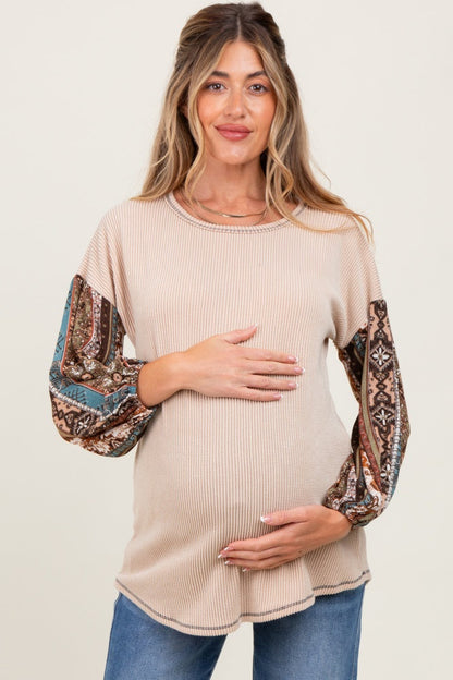 Beige Floral Ribbed Knit Colorblock Maternity Long Sleeve Top