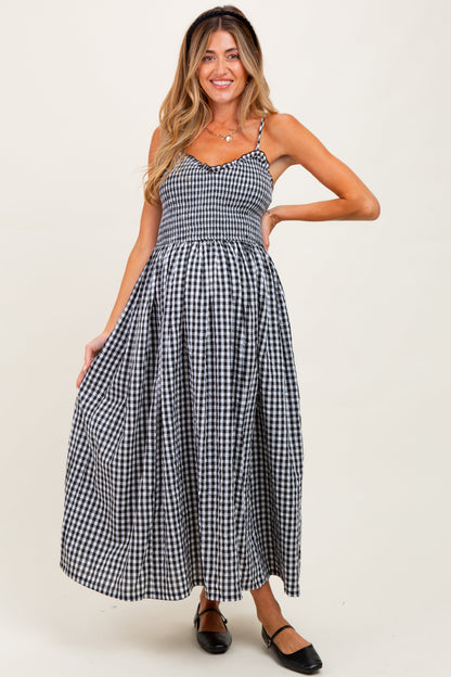 Black Gingham Smocked Ruffle Accent Maternity Maxi Dress