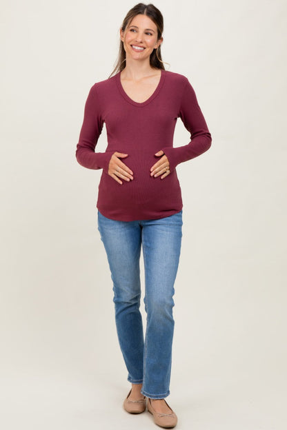 Burgundy Fine Rib V-Neck Maternity Long Sleeve Top