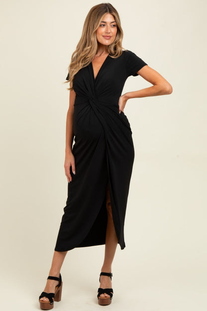 Black Gathered Front Short Sleeve Maternity Maxi Dress