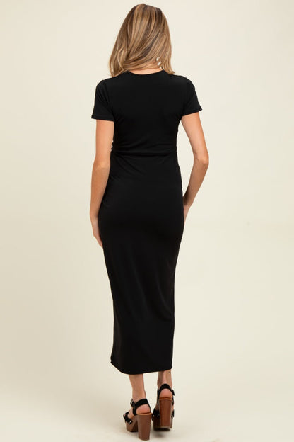 Black Gathered Front Short Sleeve Maternity Maxi Dress