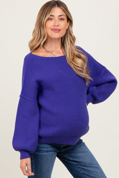 Royal Blue Balloon Sleeve Boat Neck Knit Maternity Sweater