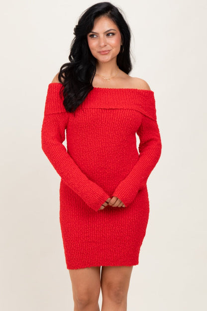Red Off The Shoulder Knit Sweater Maternity Mini Dress