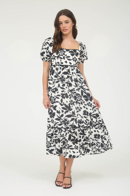 Black Floral Scallop Trim Puff Sleeve Maternity Midi Dress