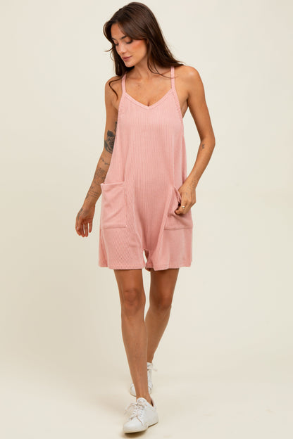 Mauve Solid Ribbed V-Neck Sleeveless Front Pocket Maternity Romper