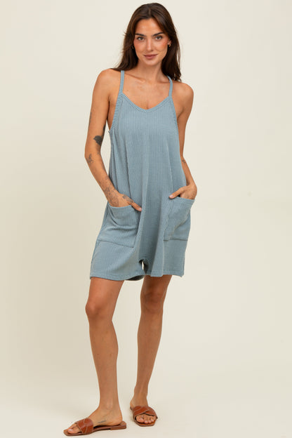 Light Blue Solid Ribbed V-Neck Sleeveless Front Pocket Maternity Romper