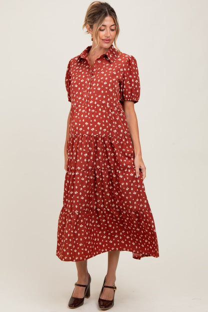 Rust Printed Button Up Tiered Maternity Midi Dress
