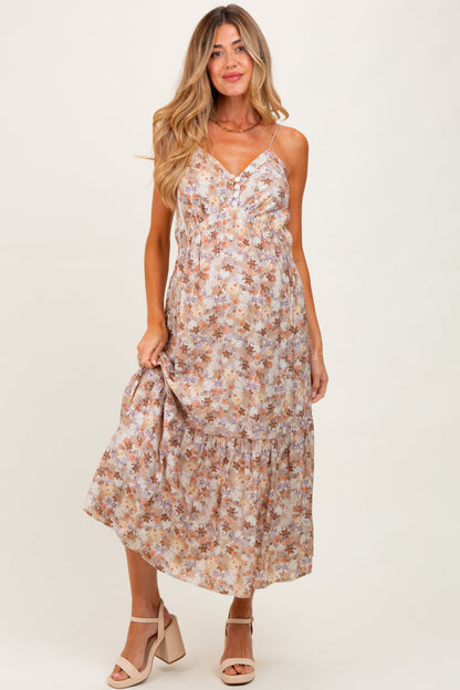 Taupe Floral Front Button Sleeveless Maternity Midi Dress