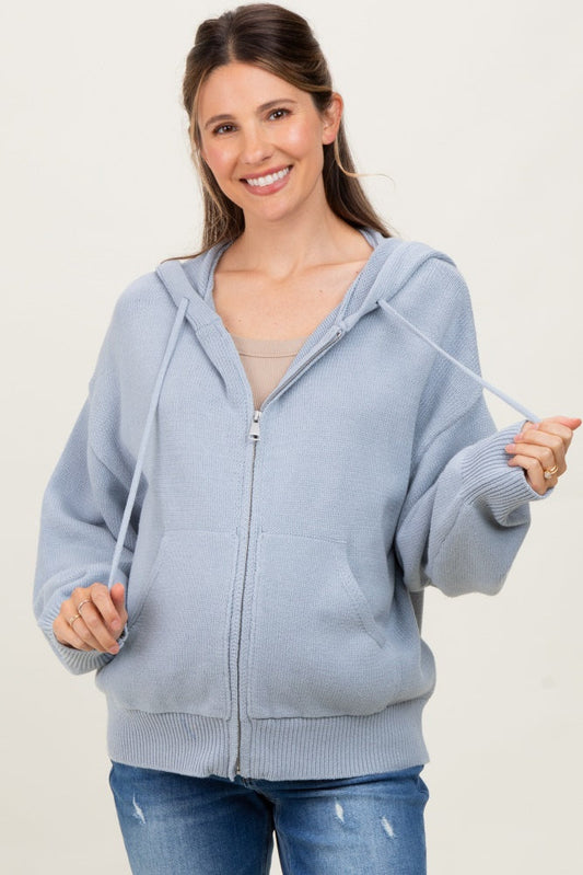Light Blue Oversized Sweater Knit Maternity Hoodie