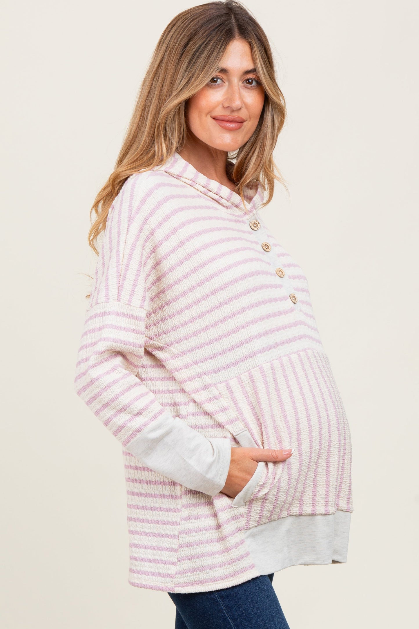 Light Pink Textured Stripe Button Up Maternity Hoodie