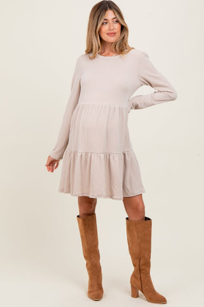 Beige Textured Rib Tiered Long Sleeve Maternity Dress