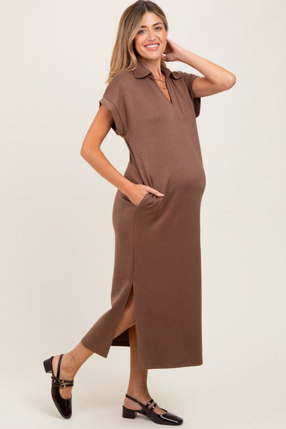Mocha Collared Short Sleeve Maternity Midi Dress