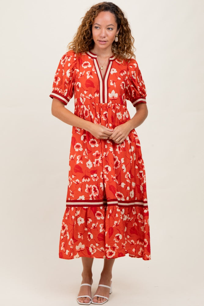 Red Floral Contrast Trim Maternity Midi Dress