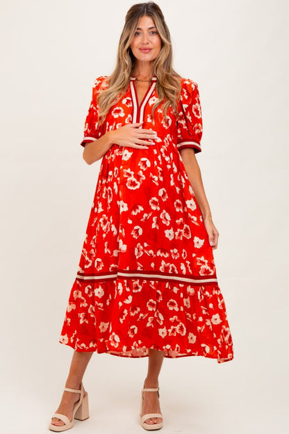 Red Floral Contrast Trim Maternity Midi Dress