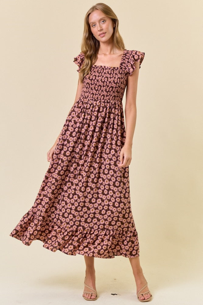 Brown Floral Smocked Maternity Midi Dress