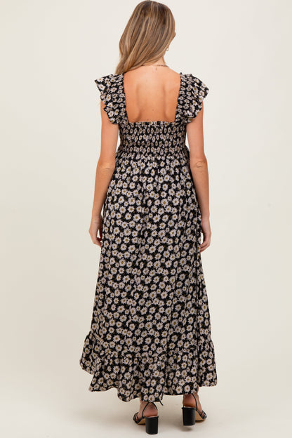 Black Floral Smocked Maternity Midi Dress