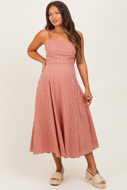 Red Plaid Double Strap Sleeveless Maternity Midi Dress