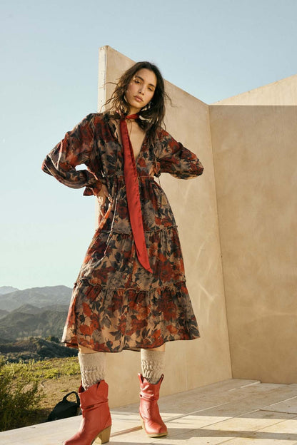 Beige Floral Chiffon Ruffle Tiered Maternity Midi Dress