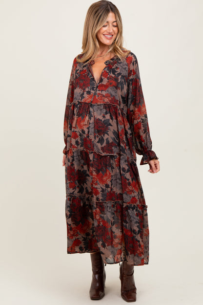 Beige Floral Chiffon Ruffle Tiered Maternity Midi Dress