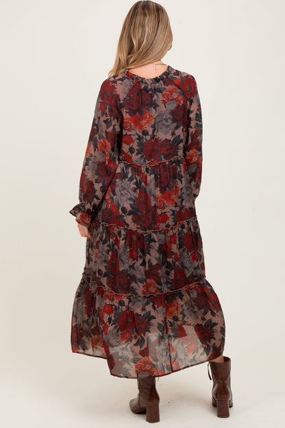 Beige Floral Chiffon Ruffle Tiered Maternity Midi Dress