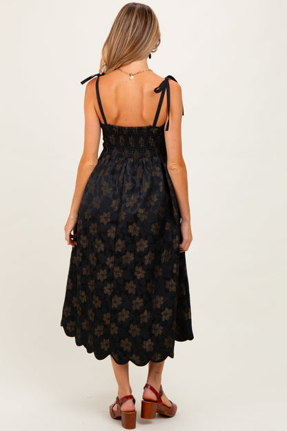 Black Floral Jacquard Shoulder Tie Maternity Midi Dress
