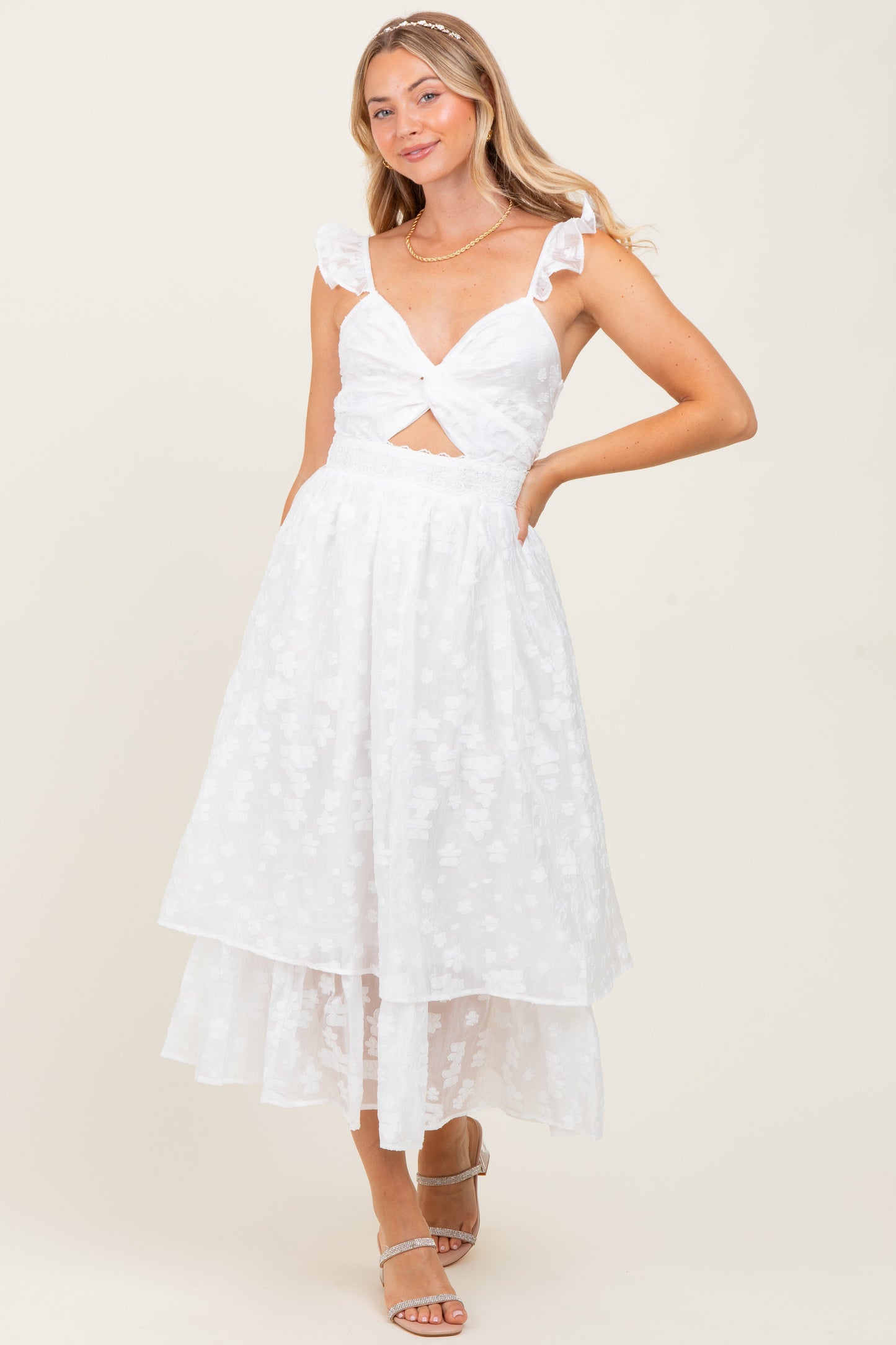 White Embroidered Twist Front Cutout Maternity Midi Dress