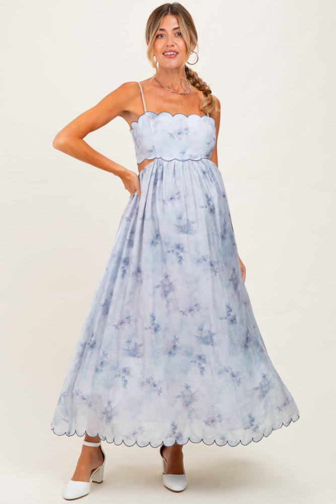 Blue Faded Floral Scallop Edge Cutout Maternity Midi Dress