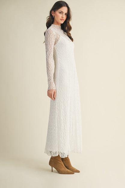 White Lace Mock Neck Long Sleeve Maternity Maxi Dress