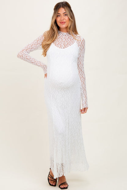 White Lace Mock Neck Long Sleeve Maternity Maxi Dress
