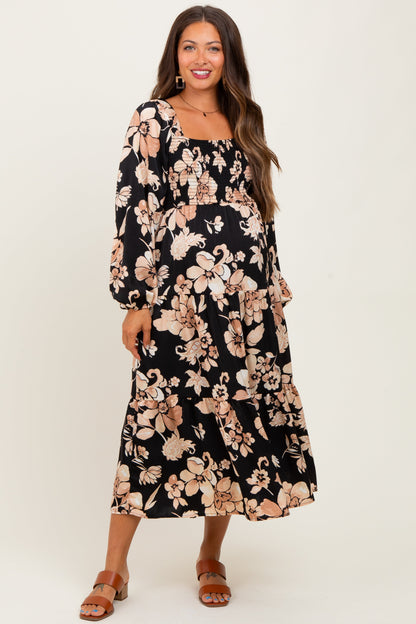 Black Floral Smocked Long Sleeve Maternity Midi Dress