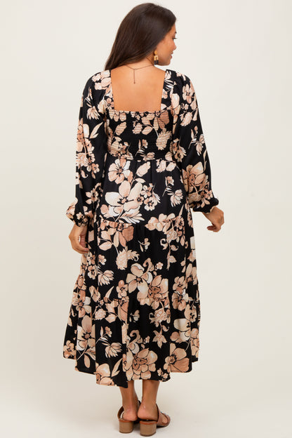 Black Floral Smocked Long Sleeve Maternity Midi Dress