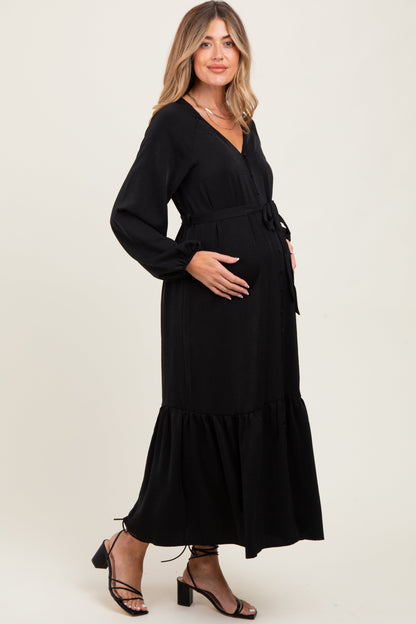 Black Elegant Long Sleeve Waist Tie Maternity Midi Dress