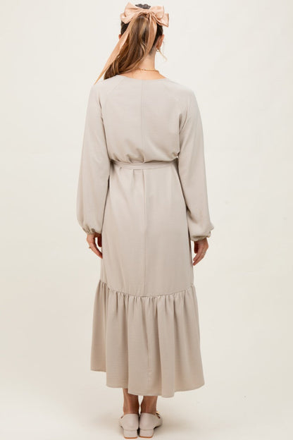Beige Elegant Long Sleeve Waist Tie Maternity Midi Dress