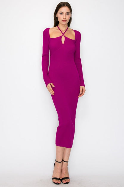 Magenta Cutout Cross-Strap Knit Maternity Midi Dress