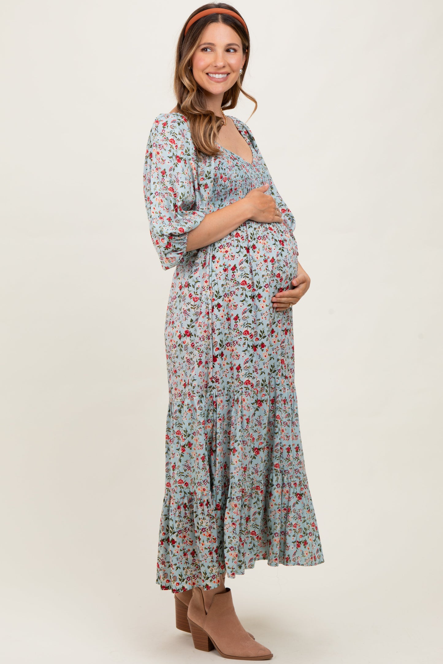 Light Blue Floral Smocked Sweetheart Neckline Maternity Midi Dress