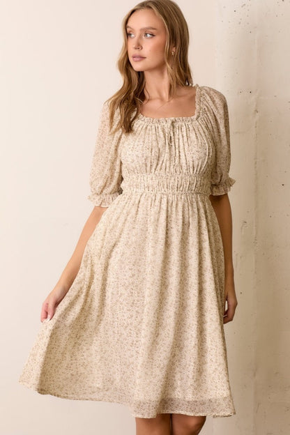 Cream Floral Square Neck Ruffle Accent Maternity Midi Dress