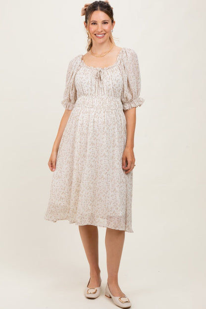 Cream Floral Square Neck Ruffle Accent Maternity Midi Dress
