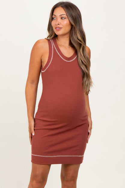 Rust Contrast Stitch Sleeveless Maternity Mini Dress