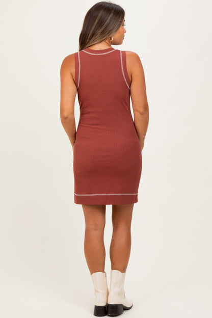 Rust Contrast Stitch Sleeveless Maternity Mini Dress
