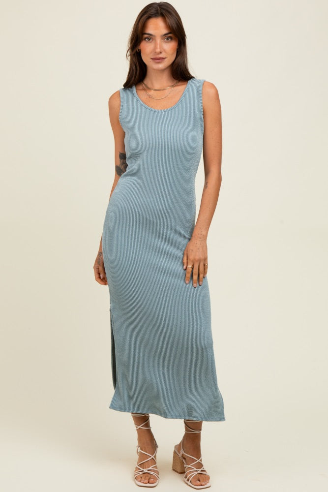 Blue Ribbed Side Slit Maternity Maxi Dress