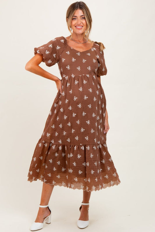 Brown Floral Embroidered Tiered Maternity Midi Dress