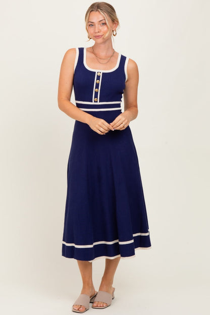 Navy Ribbed Knit Button Accent Sleeveless Maternity Midi Dress