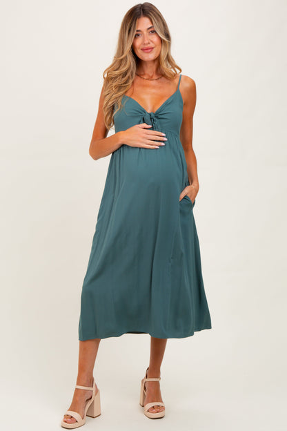 Teal Front Tie Sleeveless Maternity Midi Dress