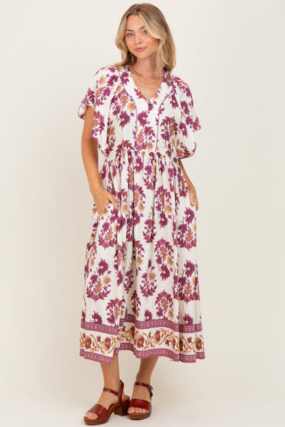 Plum Floral V-Neck Button Detail Maternity Mid Dress