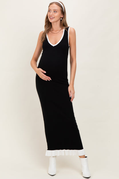 Black Knit V-Neck Contrast Ruffle Hem Maternity Maxi Dress