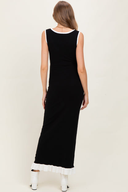 Black Knit V-Neck Contrast Ruffle Hem Maternity Maxi Dress