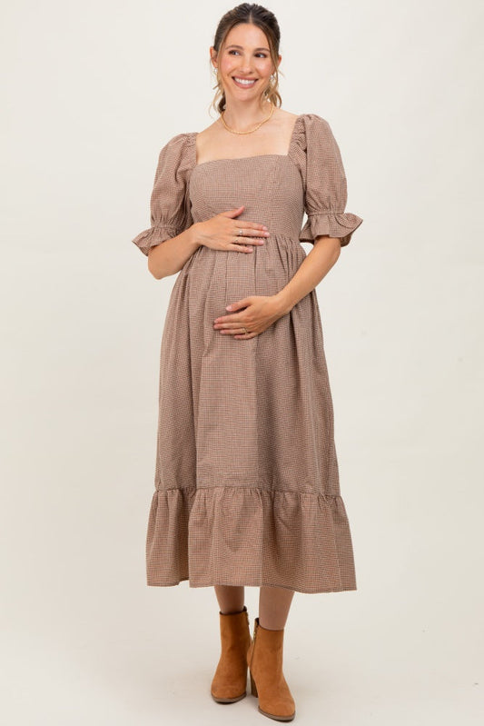 Mocha Gingham Square Neck Maternity Midi Dress