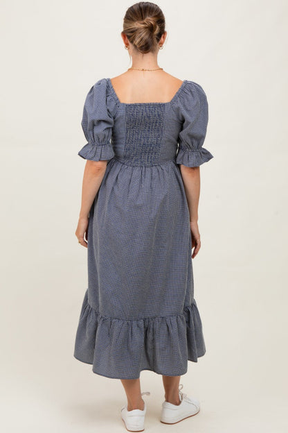 Navy Gingham Square Neck Maternity Midi Dress