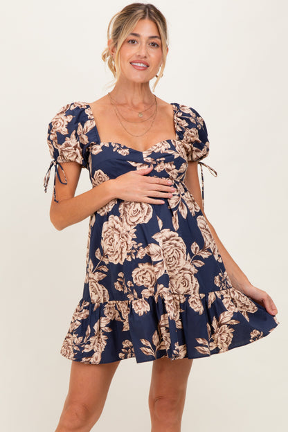 Navy Floral Sweetheart Neckline Maternity Mini Dress