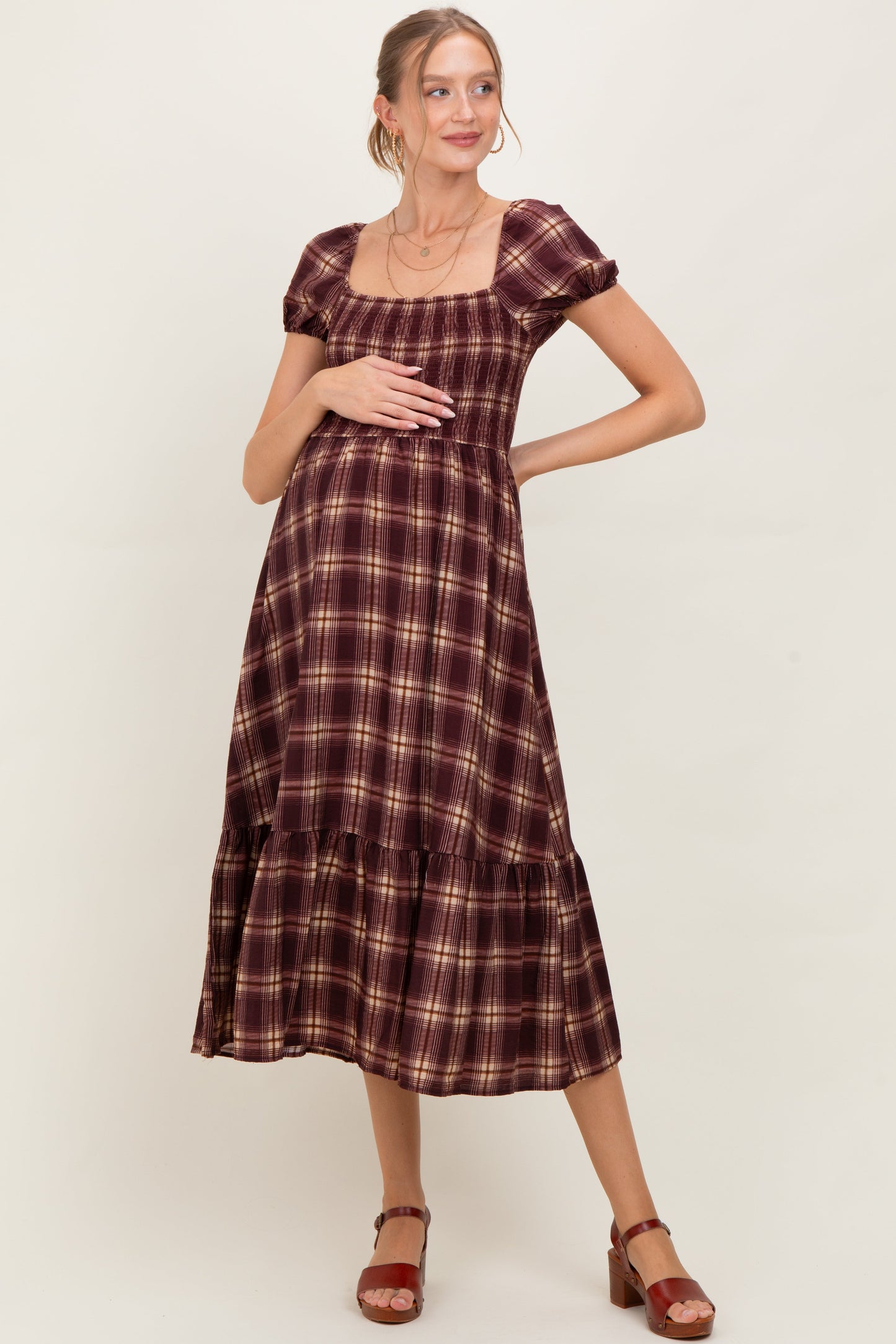 Burgundy Plaid Smocked Puff Sleeve Maternity Midi Dress